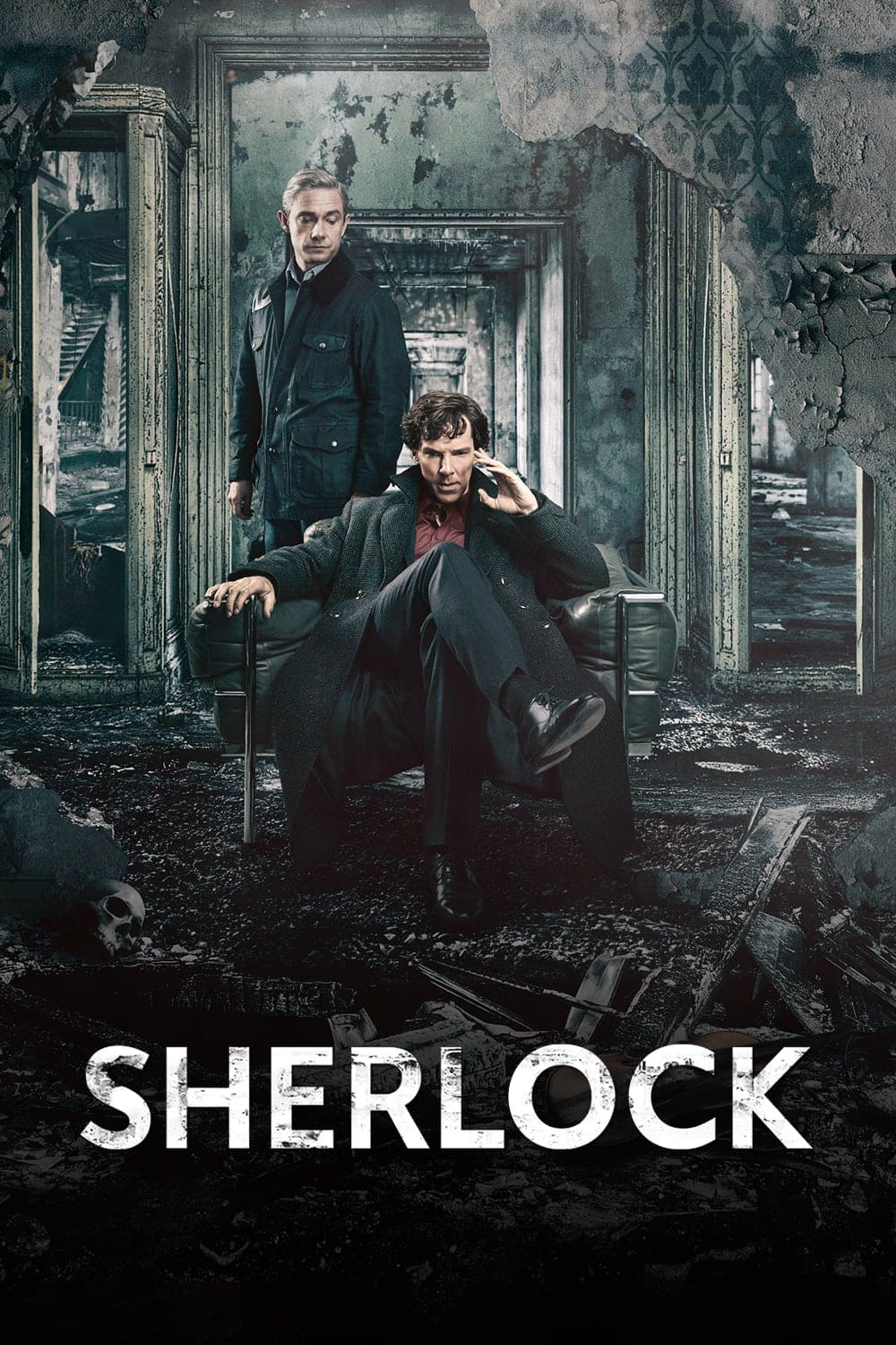 Two men in dark coats pose in a ruined, abandoned building; one sits confidently in a chair while the other stands behind him. Bold white letters at the bottom read Sherlock, capturing a scene as intriguing as your favorite mysteries—available to watch when you purchase IPTV.