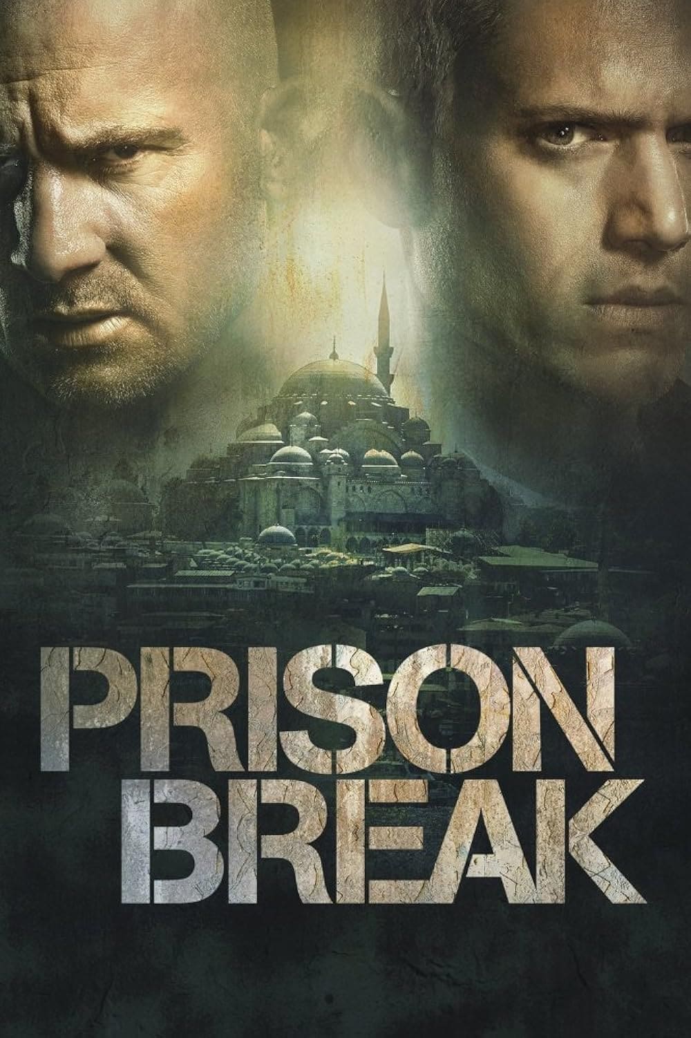 Two serious men’s faces appear above a mosque with domes and minarets. Below them, large text reads “PRISON BREAK” in bold, cracked letters. The image has a gritty, dramatic tone—perfect for fans who want to catch every intense episode when they purchase IPTV.