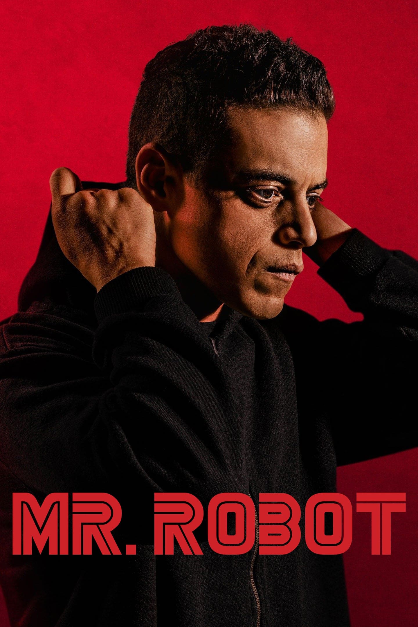 A serious man in a black hoodie adjusts his hood against a red background, evoking an air of mystery and intrigue. The text “MR. ROBOT” appears in bold red letters at the bottom of the image—a striking visual that hints at the world of hackers and those who seek to purchase IPTV for cutting-edge streaming access.