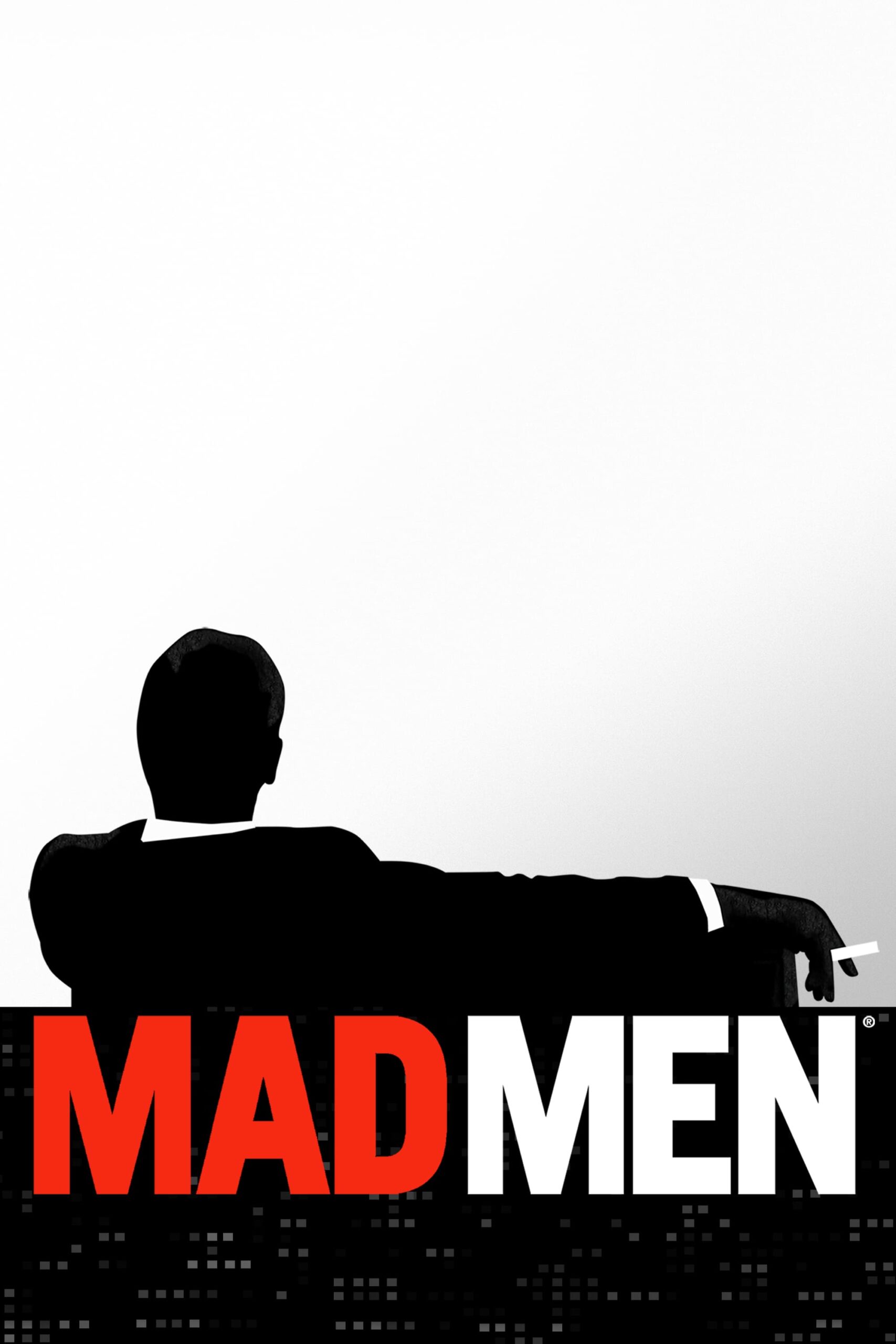 Silhouette of a man in a suit sitting with one arm draped over a couch, holding a cigarette. The words MAD MEN are displayed boldly below, with MAD in red and MEN in white—a scene reminiscent of classic elegance and intrigue, inviting you to purchase IPTV for an immersive viewing experience.