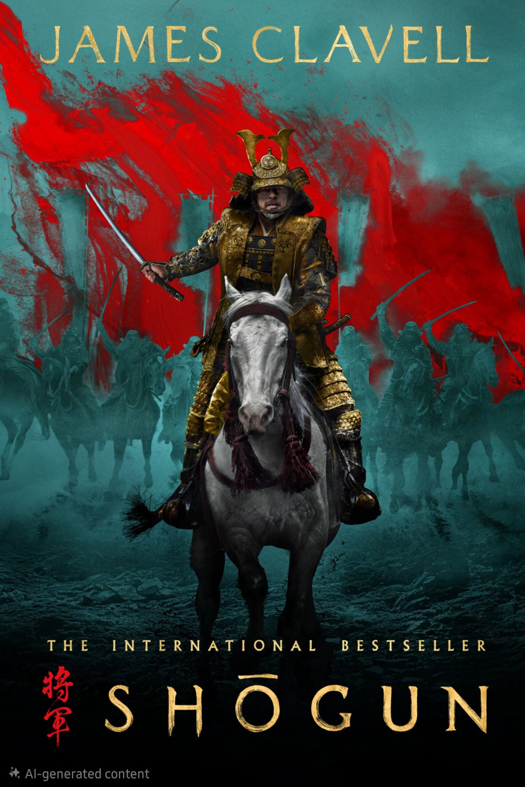 A samurai in ornate armor rides a white horse, holding a sword. Red brushstrokes and shadowy figures on horseback are in the background, evoking an epic atmosphere. Text reads: “James Clavell. The International Bestseller. Shogun.” Discover immersive stories like this and more—Purchase IPTV for endless entertainment options.