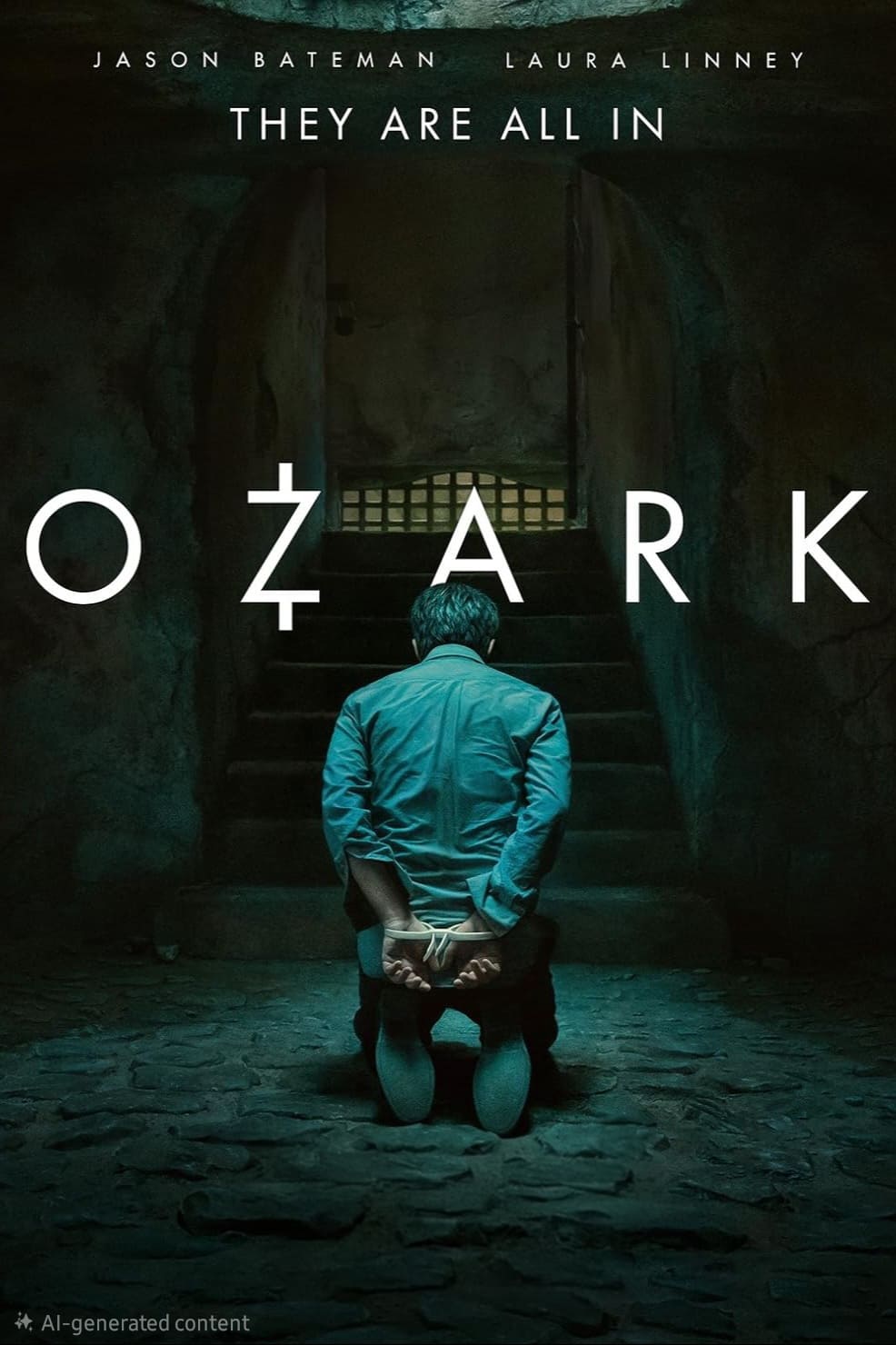 A man kneels with hands tied behind his back in a dimly lit cell. Large text reads OZARK with cast names, Jason Bateman and Laura Linney, above and THEY ARE ALL IN at the top. Experience the suspense from anywhere—Purchase IPTV to never miss a moment of the drama.