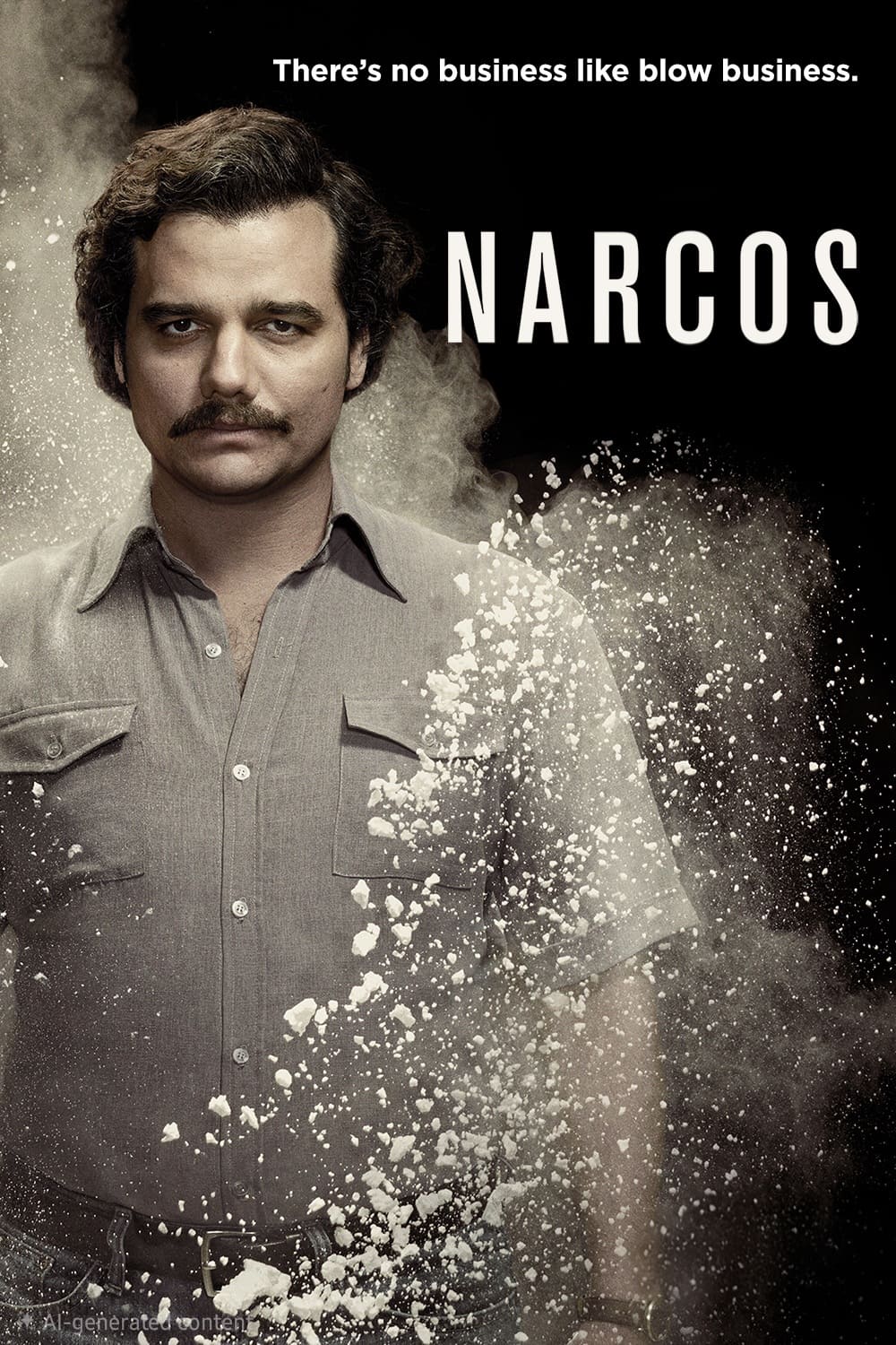 A serious man with a mustache stands against a black background, with white powder dissolving into air. Text at the top reads, There’s no business like blow business. Title NARCOS appears in bold letters—a stark reminder of the world audiences can immerse themselves in when they purchase IPTV subscriptions for exclusive access.