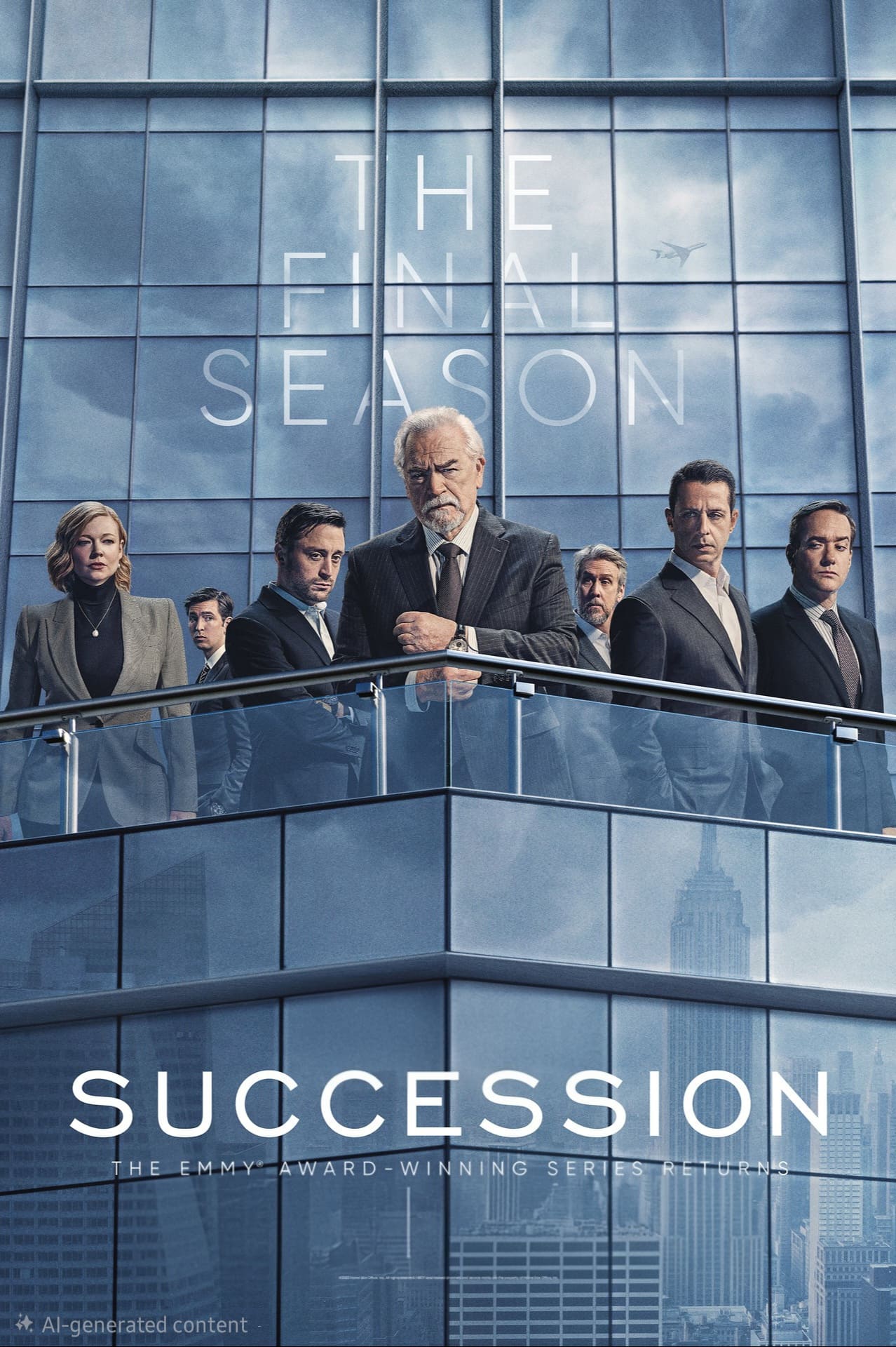 Seven business-dressed people stand on a balcony of a modern glass skyscraper. Large text reads “The Final Season” and “Succession” above city buildings and a cloudy sky, setting an intense scene perfect for drama fans looking to purchase IPTV and stream every thrilling moment.