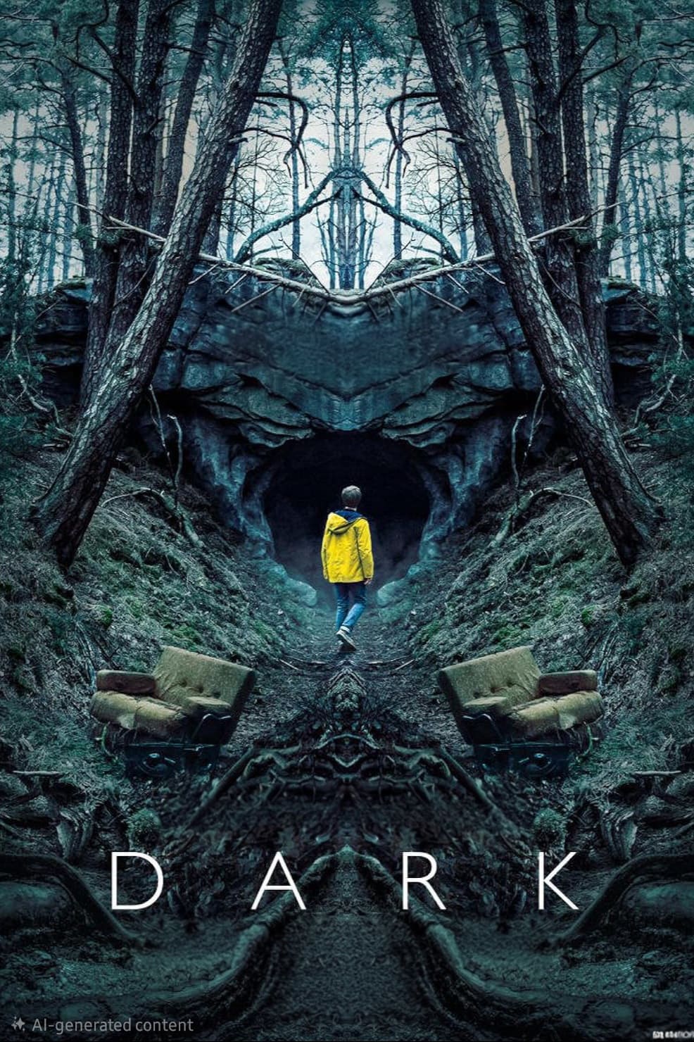 A person in a yellow raincoat stands facing a dark cave in a forest. Two old chairs sit on either side. The scene is mirrored vertically, evoking a mysterious symmetry. The word DARK appears at the bottom, reminiscent of an enigmatic code—much like the hidden worlds you can unlock when you purchase IPTV.