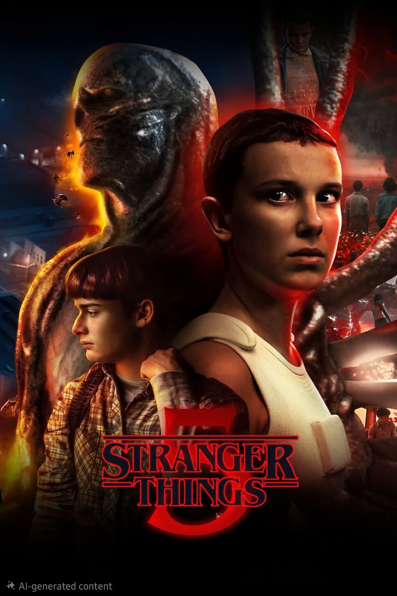 Poster for Stranger Things featuring three main characters, a shadowy monster, glowing red lightning, and eerie backgrounds, emphasizing supernatural and suspenseful themes. The show's logo is at the bottom—a must-have collectible for fans looking to relive every thrilling moment or stream episodes via Purchase IPTV.