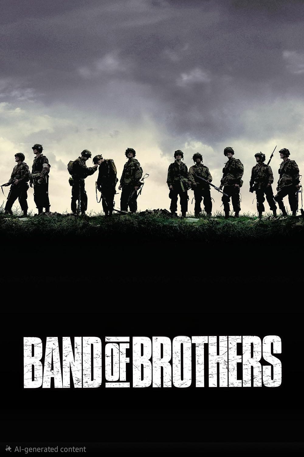 Silhouetted soldiers stand in a line under a cloudy sky, holding rifles. Below them, large white text reads Band of Brothers on a black background—a striking image perfect for those who want to remember this iconic series or even stream it with a simple Purchase IPTV subscription.