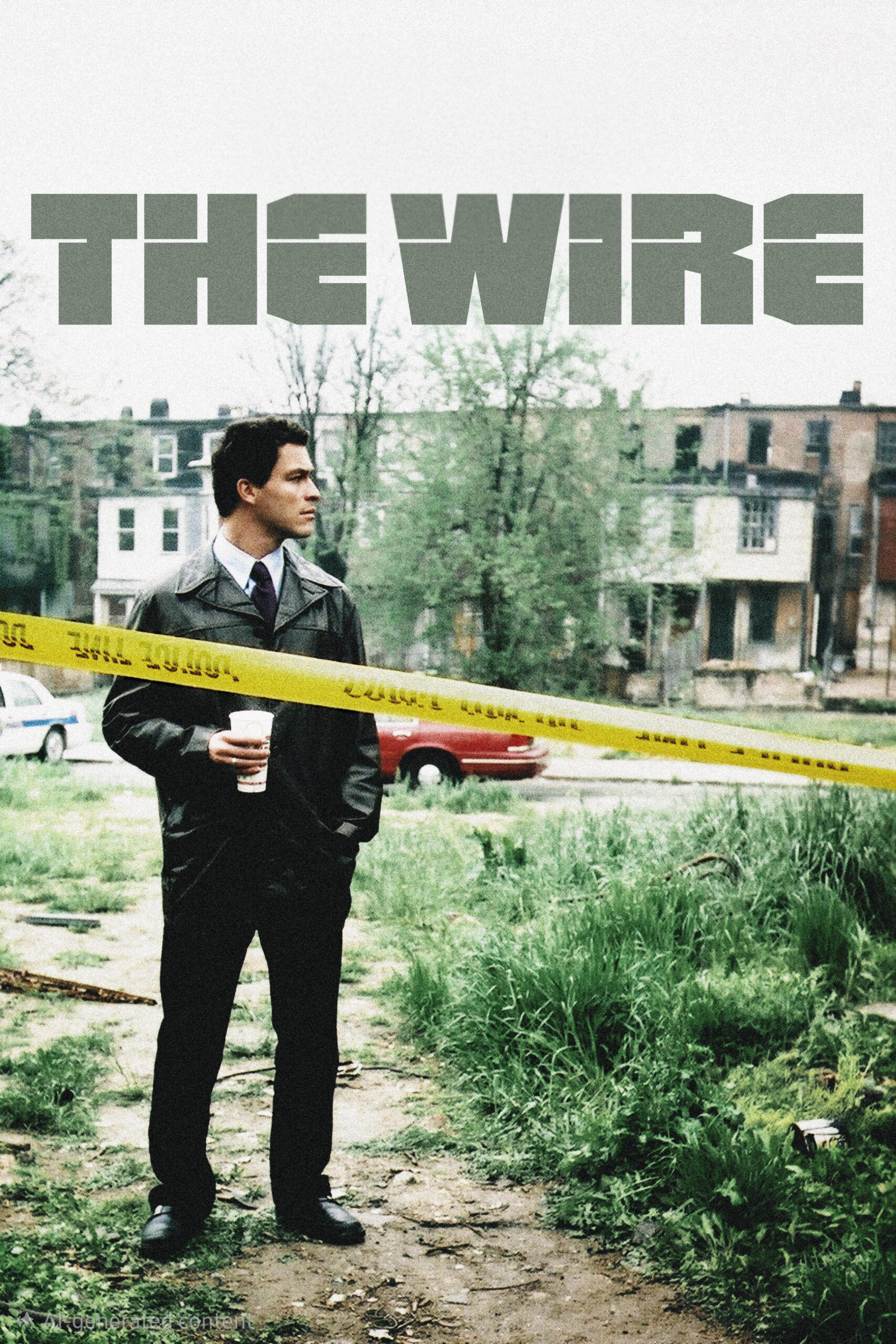 A man in a suit stands by yellow caution tape in a grassy, rundown urban area. He holds a coffee cup inscribed with "Purchase IPTV." The text THE WIRE appears above him. Houses and cars are visible in the background.