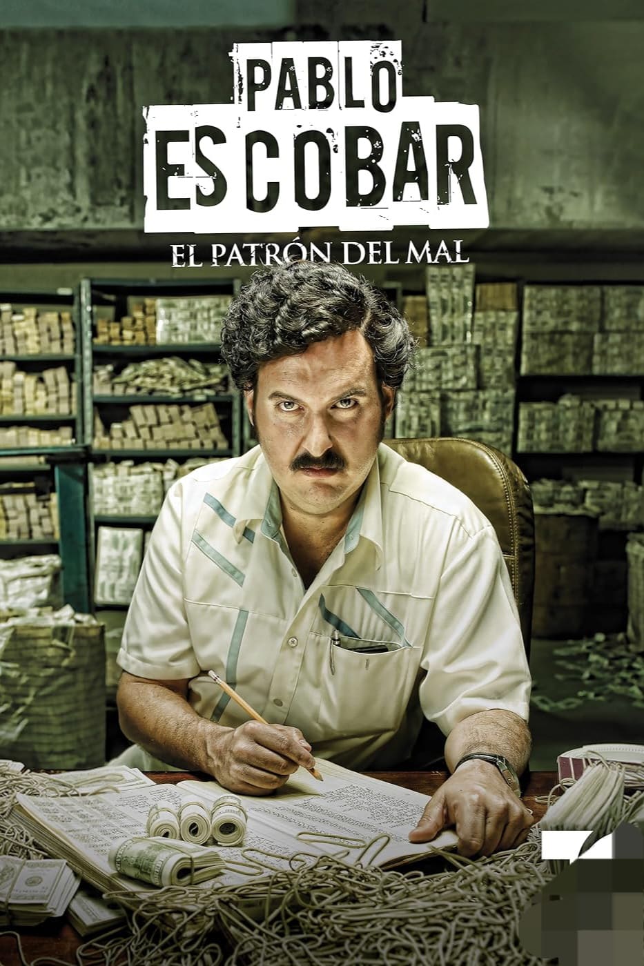 A man with a mustache sits at a cluttered desk with documents and money rolls, as if managing his vast empire. Stacks of cash fill the background, evoking an air of untouchable wealth. Text above reads: Pablo Escobar El Patrón del Mal. It's the kind of scene where power is palpable—perhaps just the place you’d find someone plotting their next big move or.