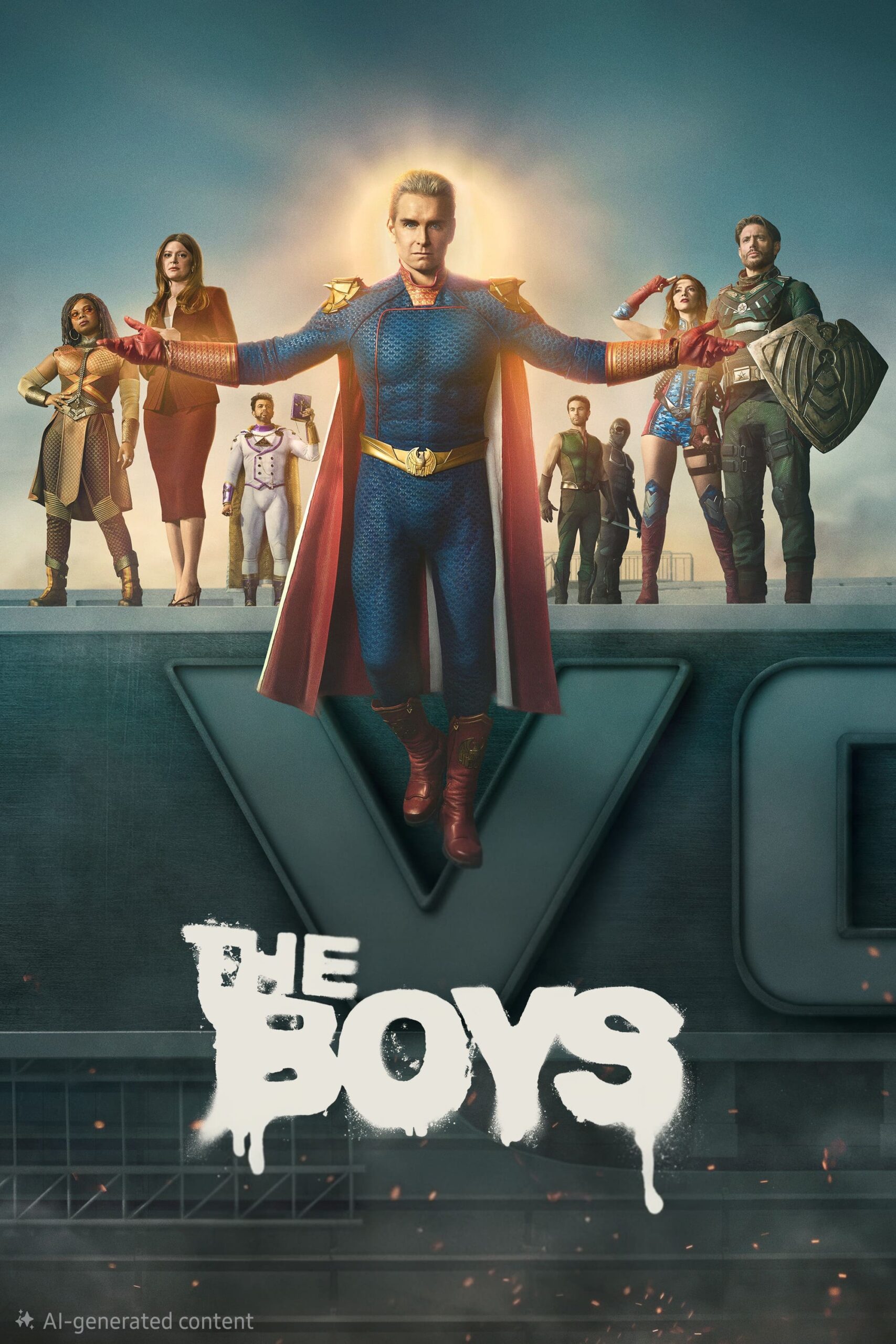 A group of superheroes in colorful costumes stand on a rooftop with the title The Boys in bold white letters at the bottom. One hero in a blue suit and red cape stands in front, arms outstretched, glowing with light—just as dramatic as the action you can enjoy when you purchase IPTV and stream your favorite shows anytime.