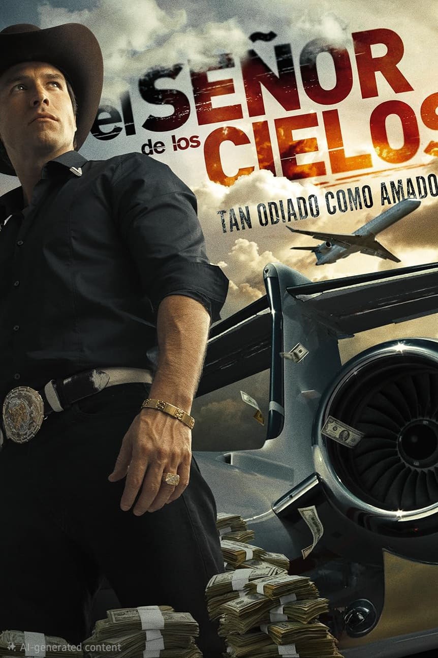 A man in a cowboy hat stands confidently beside a jet, with stacks of cash nearby, suggesting the high-stakes world where fortunes can change with a single deal—maybe even when you purchase IPTV. Airplanes and dramatic clouds fill the sky. Text reads: El Señor de los Cielos. Tan odiado como amado.