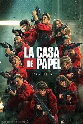 Twelve people in red jumpsuits hold guns, posing together. The text La Casa de Papel Partie 5 is centered. The background is dark and dramatic, capturing the intensity of the series—now available to stream when you purchase IPTV.