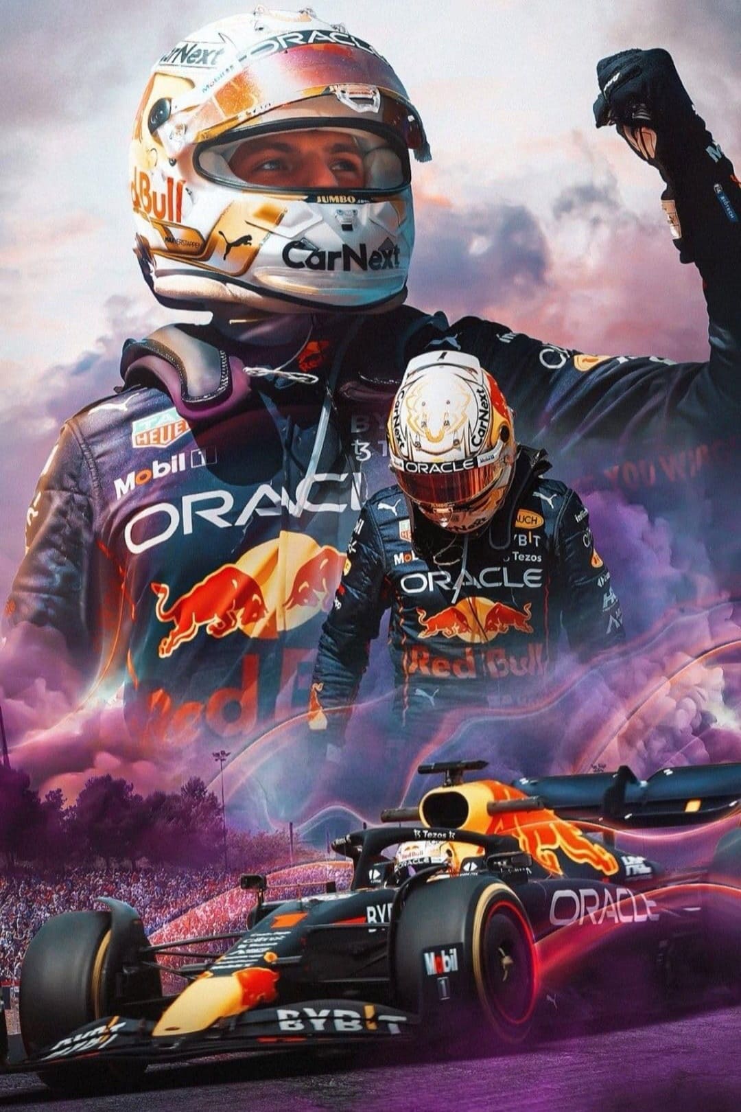 A collage shows a Formula 1 driver in a Red Bull suit and helmet, raising a fist victoriously, with a Red Bull race car and a cheering crowd in the smoky background—capturing the thrilling atmosphere you can experience when you purchase IPTV for live racing action.