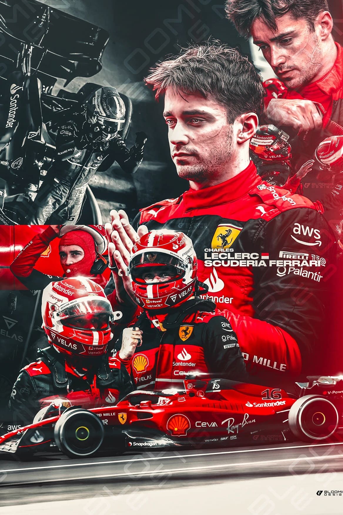 A collage of a Formula 1 driver in a red Ferrari suit, shown in close-up and in action with his car. The images blend together, highlighting intense moments during a race and in the pit stop—capturing the excitement you won’t want to miss when you purchase IPTV for live coverage.