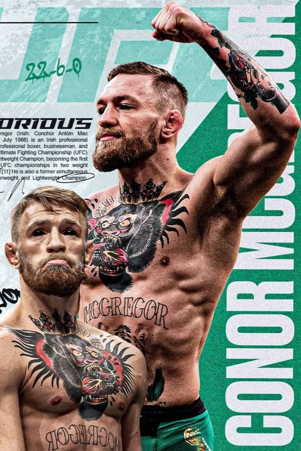 Two muscular, tattooed men stand shirtless against a teal UFC background. One raises his fist triumphantly; both have beards and short hair. The text CONOR MCGREGOR appears vertically on the right, inviting fans to catch every fight live—don’t miss the action when you purchase IPTV.