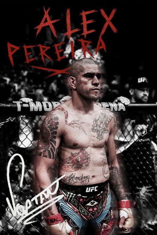 A muscular, tattooed MMA fighter stands in the UFC Octagon, with bold red text “Alex Pereira” above and a white signature overlay. The background features the T-Mobile Arena crowd—capturing the electrifying moment you won’t want to miss when you purchase IPTV for live access to every thrilling fight.