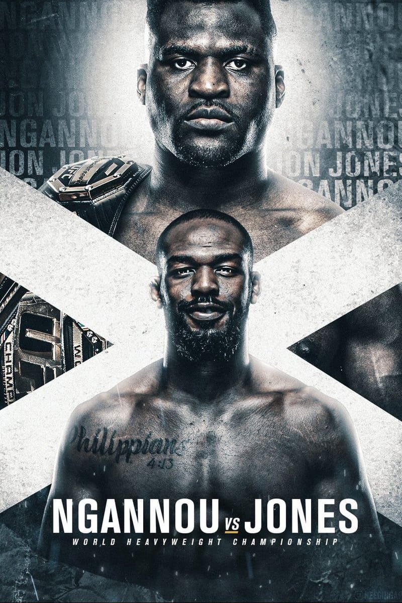 Poster featuring two male fighters, one holding a championship belt. Text reads NGANNOU vs JONES - World Heavyweight Championship. The grayscale background showcases a large X, adding dramatic flair. Perfect for fans and those looking to Purchase IPTV and catch every moment of the action live.