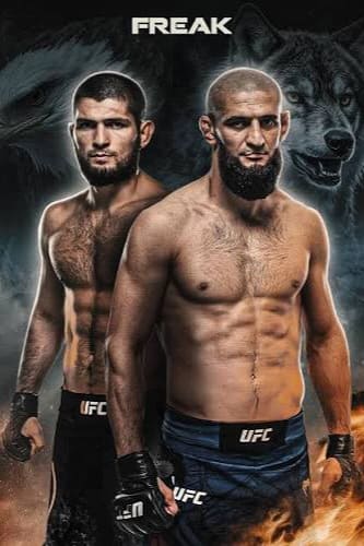 Two muscular male UFC fighters stand side by side, shirtless and wearing fight shorts, with intense expressions. Animal faces, including a wolf, appear in the dark, dramatic background. The word FREAK is above them—an intense scene reminiscent of the action you can catch when you purchase IPTV for nonstop fight coverage.