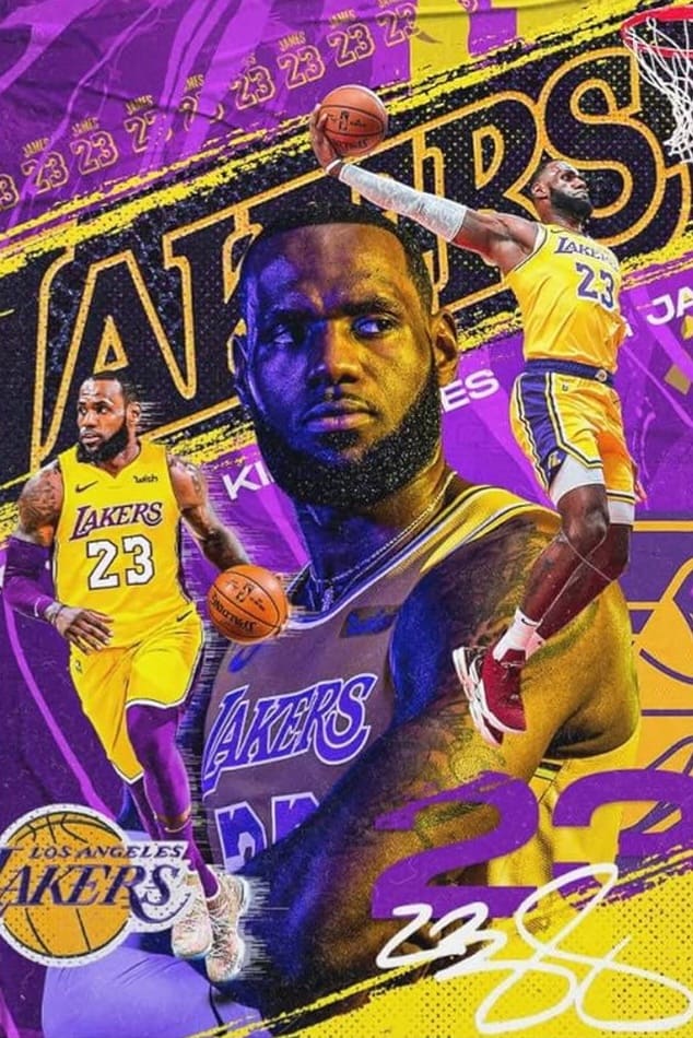 A vibrant collage of a Los Angeles Lakers basketball player in various action poses, wearing jersey number 23, set against a bold purple and yellow Lakers-themed background—perfect for fans who never want to miss a game when they purchase IPTV for seamless streaming.