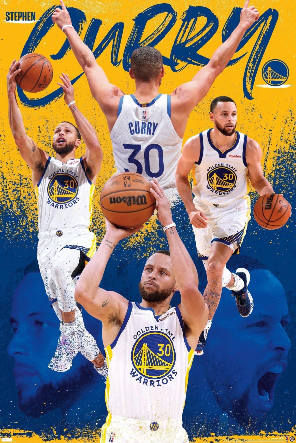 Collage of a basketball player in Golden State Warriors uniform, number 30, performing various actions on a blue and yellow background with large “Curry” text and Warriors logo—a perfect piece for fans who don’t want to miss a moment of the action and choose to Purchase IPTV for every thrilling game.