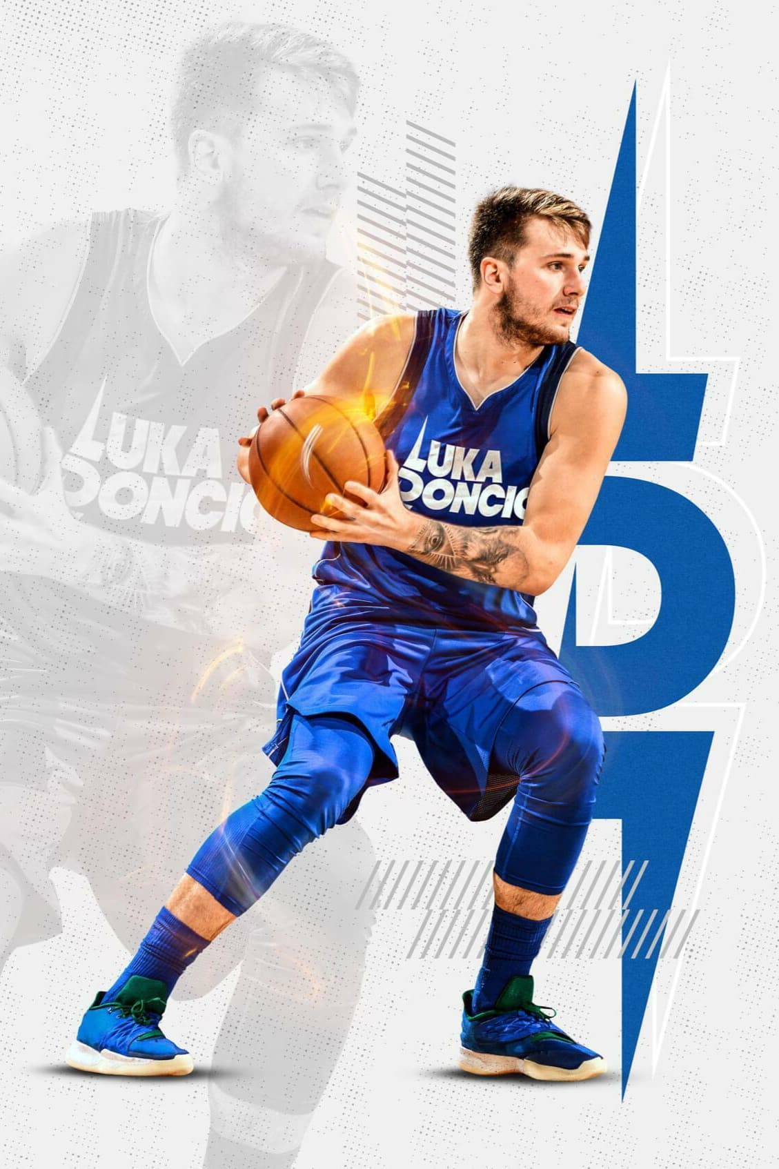 A basketball player in a blue uniform holds a basketball, ready to pass. The background features a grayscale version of him and bold blue letters, capturing the energy you experience when you purchase IPTV for streaming live games.