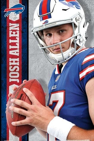 A football player in a Buffalo Bills uniform holds a football, wearing a white helmet. The background features the team’s logo and the name Josh Allen vertically in bold letters—perfect for any fan looking to capture game-day excitement or seeking new ways to watch every play with Purchase IPTV.