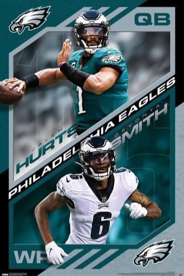Two Philadelphia Eagles NFL players in uniform, one throwing a football and the other in an action pose. Text: “Jalen Hurts QB” and “DeVonta Smith WR.” With Eagles logos and team name visible in the background, fans can relive all the action or catch every game live when they purchase IPTV for unbeatable sports coverage.