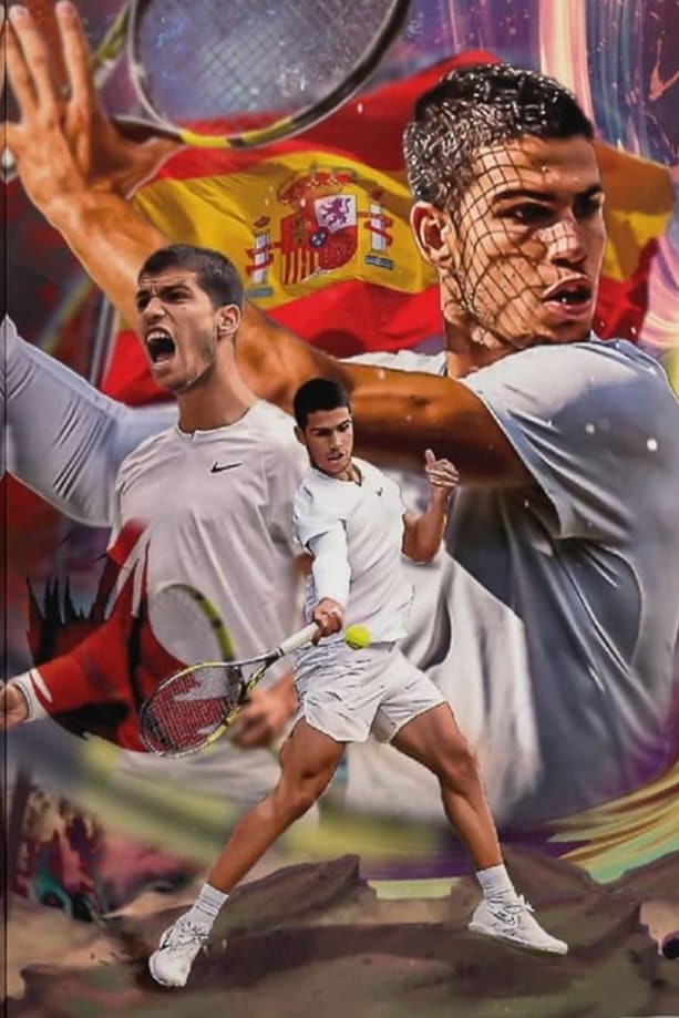 A collage of a male tennis player in action, wearing white, with the Spanish flag in the background. The image shows various dynamic poses of the athlete playing tennis—perfect for fans looking to relive thrilling moments or enhance their viewing experience when they purchase IPTV.