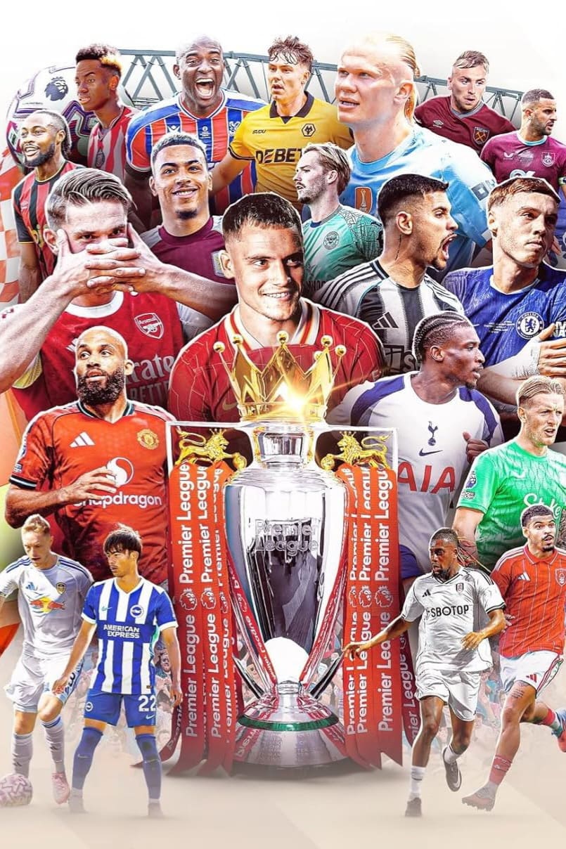 Illustration of various male Premier League football players from different teams, arranged around the Premier League trophy, wearing their club jerseys, with a stadium backdrop—perfect for fans looking to celebrate the excitement of English football or considering to purchase IPTV for streaming all the live matches.