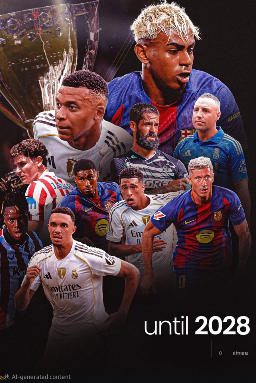 Collage of male soccer players from various teams in action poses, with a large trophy in the background. Text at the bottom reads “until 2028.” Highlighting the excitement of every match, this AI-generated content is perfect for fans looking to purchase IPTV and never miss a game.