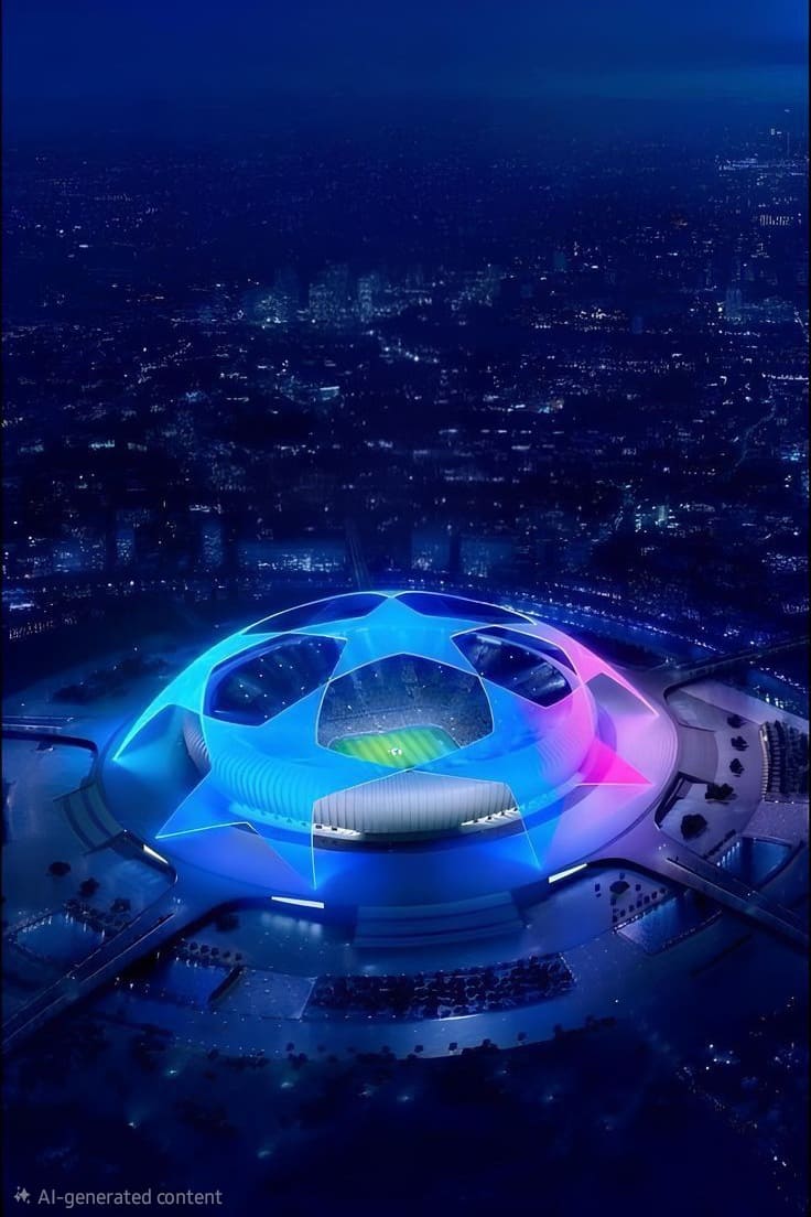 Aerial view of a modern stadium at night, illuminated with blue and pink lights in a star pattern, with a glowing green soccer field in the center and a cityscape in the background—an electrifying scene that captures the excitement you can experience when you purchase IPTV to watch live matches from anywhere.