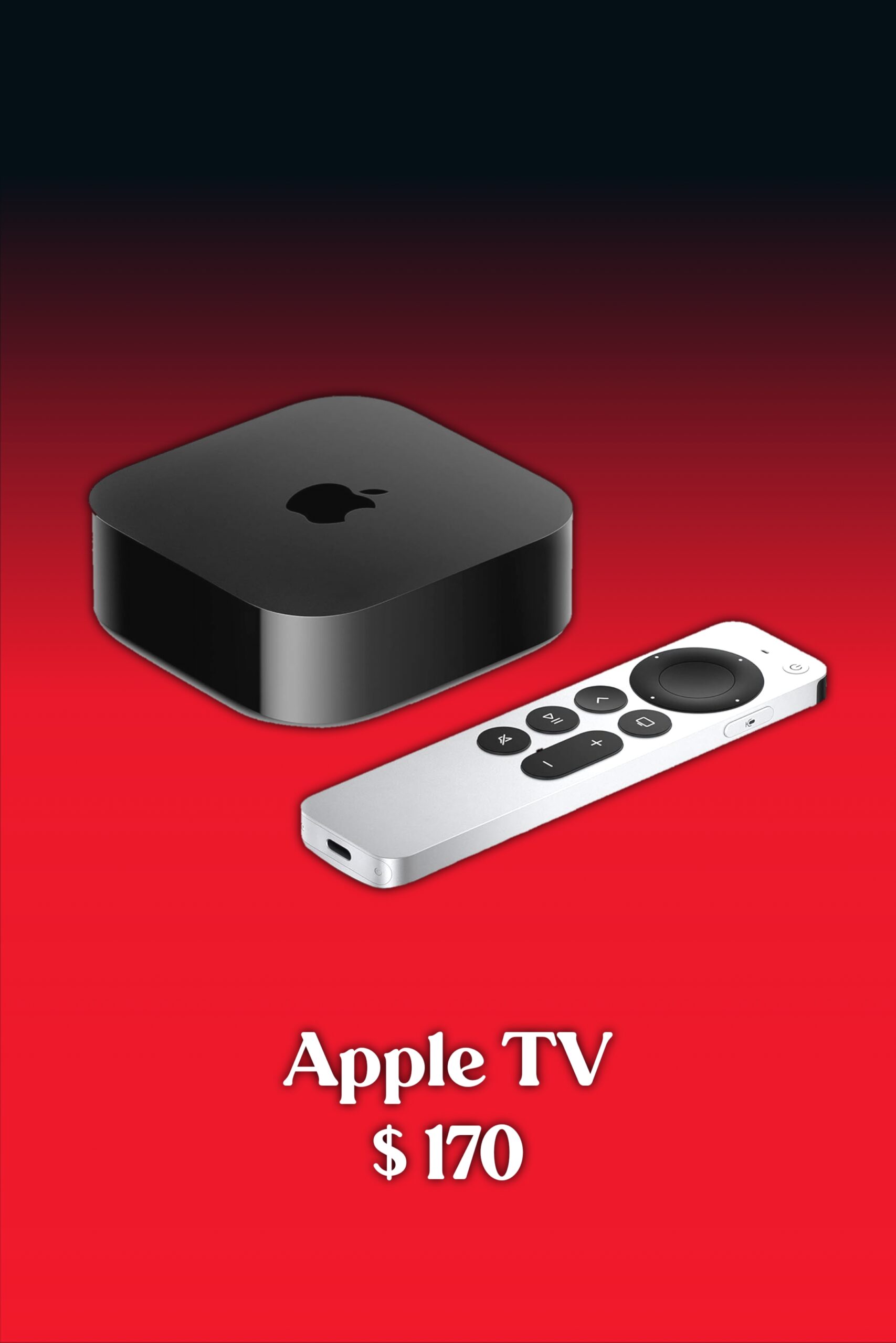 A black Apple TV device and its silver remote on a red gradient background. Text below reads Apple TV $170 in white, making it a sleek choice for anyone looking to purchase IPTV and enjoy seamless streaming.
