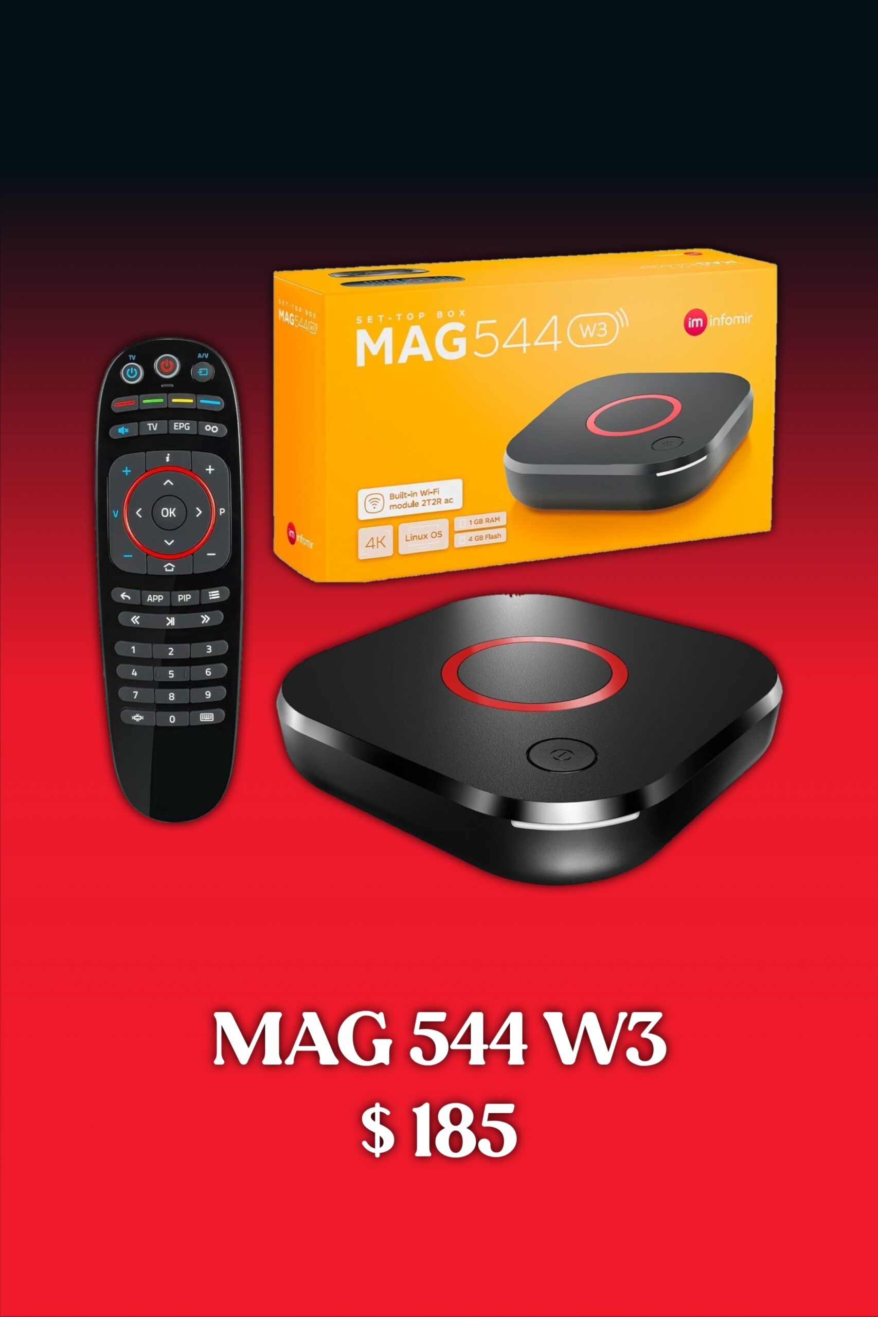 Streaming device MAG 544 W3 with remote, product box, and price of $185 displayed on a red and black gradient background—an excellent choice for those wanting to purchase IPTV and enjoy seamless entertainment.