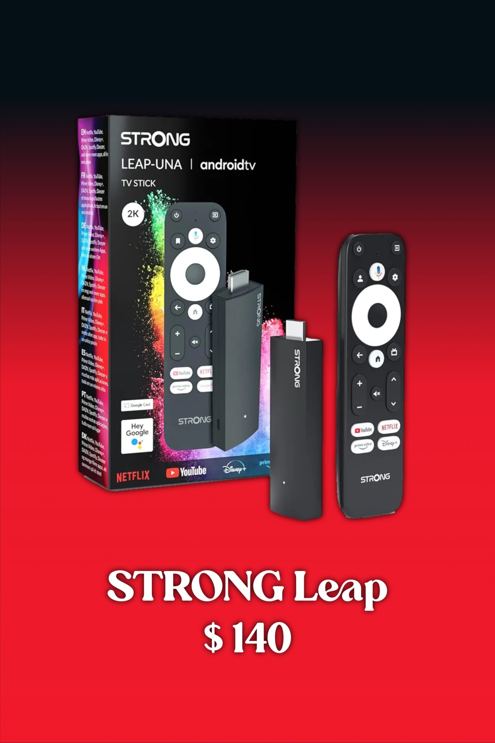 STRONG Leap Android TV stick package with remote, streaming apps icons, and the price $140 displayed below on a red gradient background—ideal for those looking to purchase IPTV and enjoy seamless entertainment.