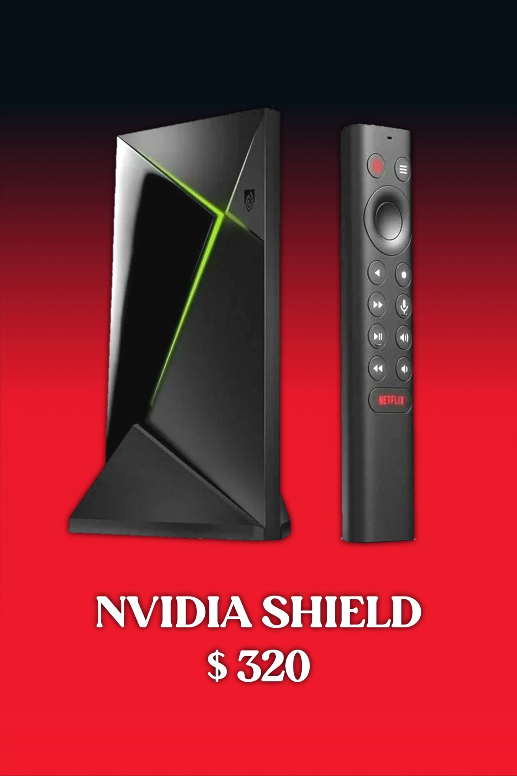 A black NVIDIA Shield streaming device and remote on a red background with text: NVIDIA SHIELD $320—perfect for those looking to purchase IPTV and enjoy seamless streaming.