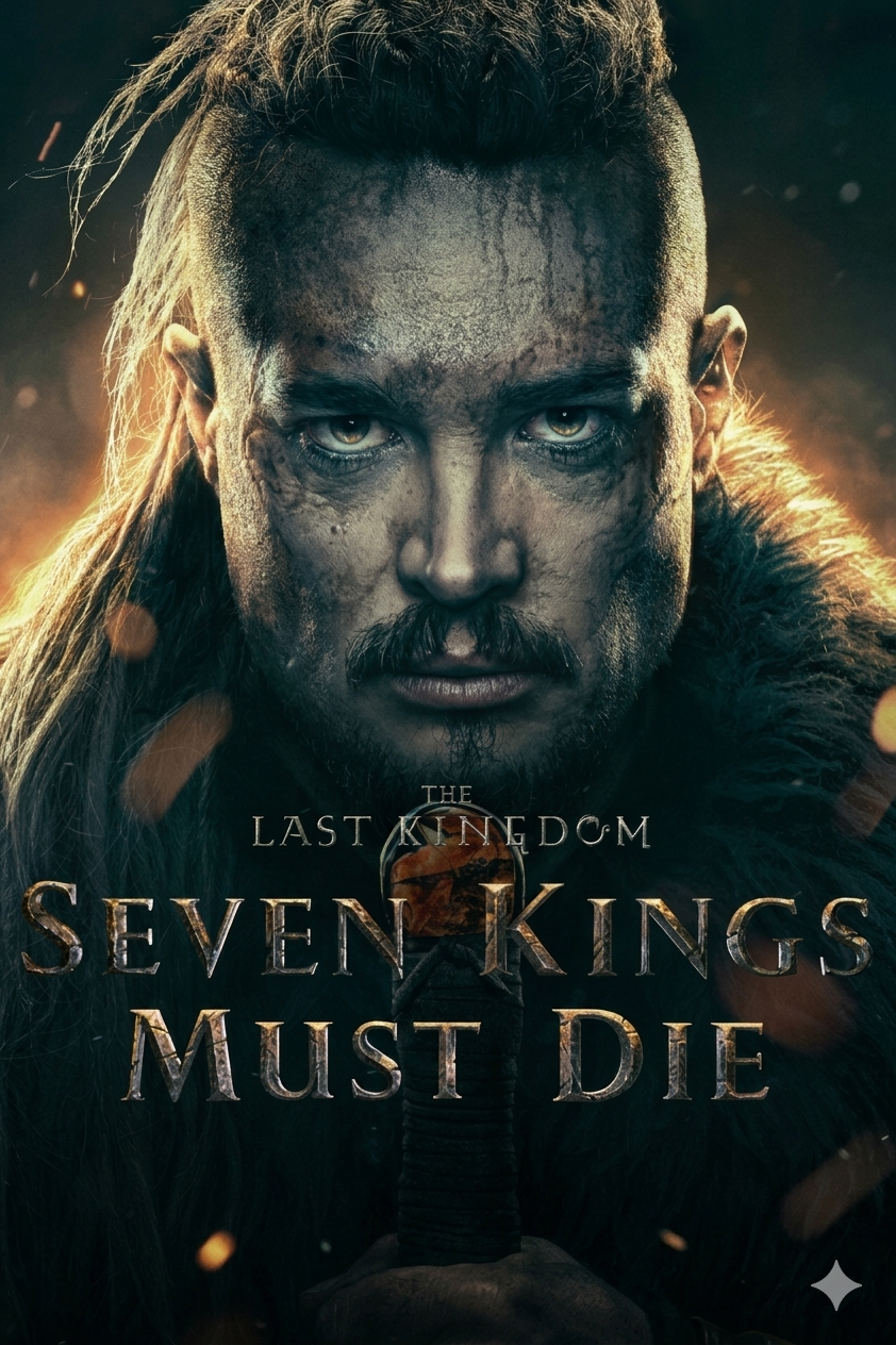 A man with long hair and a fur cloak stares intensely, his face dirty and bruised. Text reads, The Last Kingdom: Seven Kings Must Die. The image has a dramatic, dark atmosphere—perfect for those who want to catch every epic moment when they purchase IPTV.