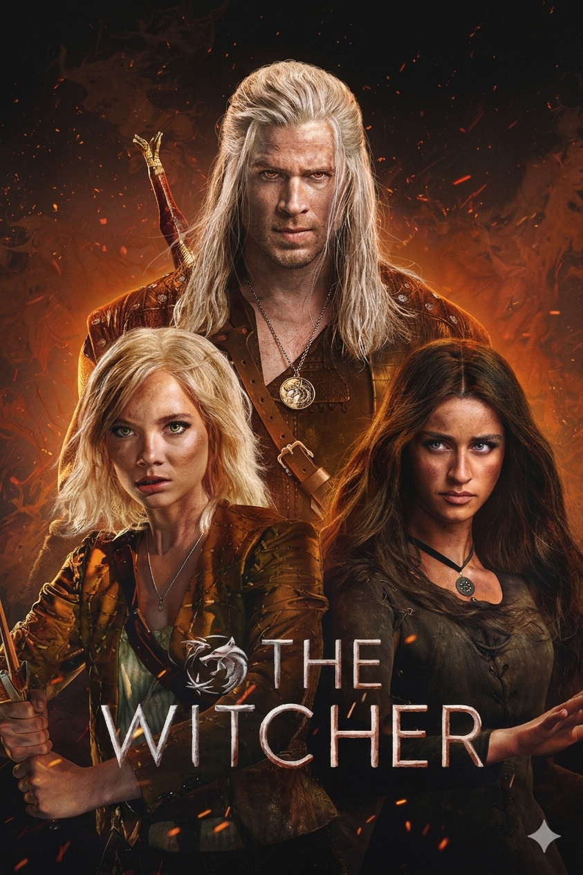 Three characters in fantasy clothing stand against a fiery background. The white-haired man is in the center, flanked by two women with blonde and brown hair. Below them, the text reads The Witcher with a wolf medallion logo—an epic scene you won’t want to miss when you purchase IPTV and stream all your favorite fantasy adventures.