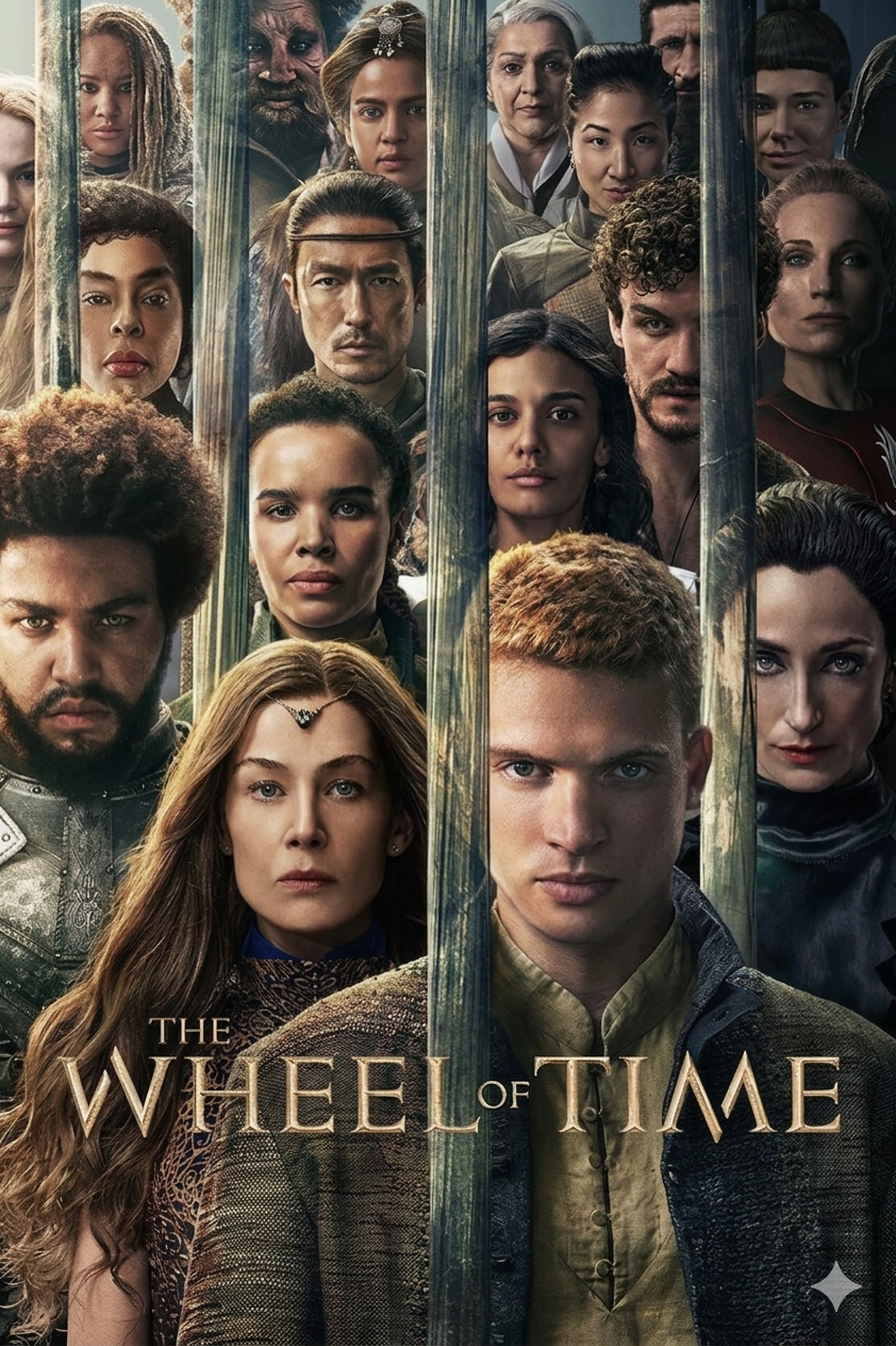 Poster for “The Wheel of Time,” featuring a diverse group of serious-looking characters, some behind vertical bars, with the show’s title at the bottom—perfect for fans looking to catch every episode with Purchase IPTV.