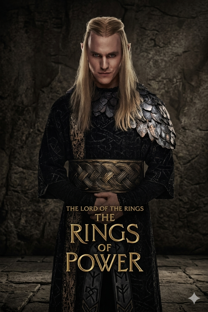 An elf with long blond hair and pointed ears stands against a stone wall, wearing dark armor and a detailed robe. Text over the image reads: The Lord of the Rings: The Rings of Power. For fans eager to watch every episode as it airs, consider how easily you can purchase IPTV for uninterrupted viewing.