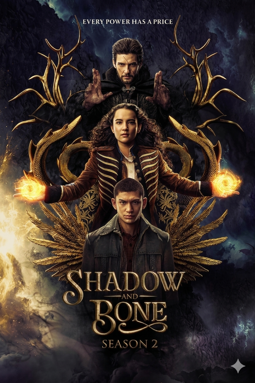 Three characters in fantasy costumes pose with glowing magical effects in their hands against a dark, dramatic background. The text reads Shadow and Bone Season 2 and Every power has a price at the top, reminiscent of the thrilling experience you can stream when you purchase IPTV.
