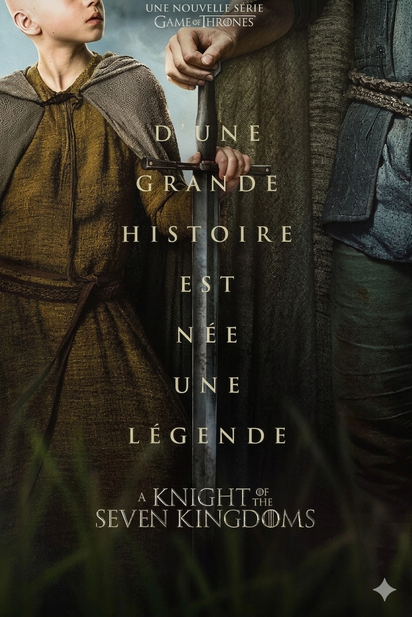 A medieval knight in armor stands beside a young child in a brown cloak, both partially visible, with French text and the title “A Knight of the Seven Kingdoms” on the image, evoking a sense of epic adventure—perfect for viewers interested in historical tales or those seeking to purchase IPTV for immersive storytelling experiences.