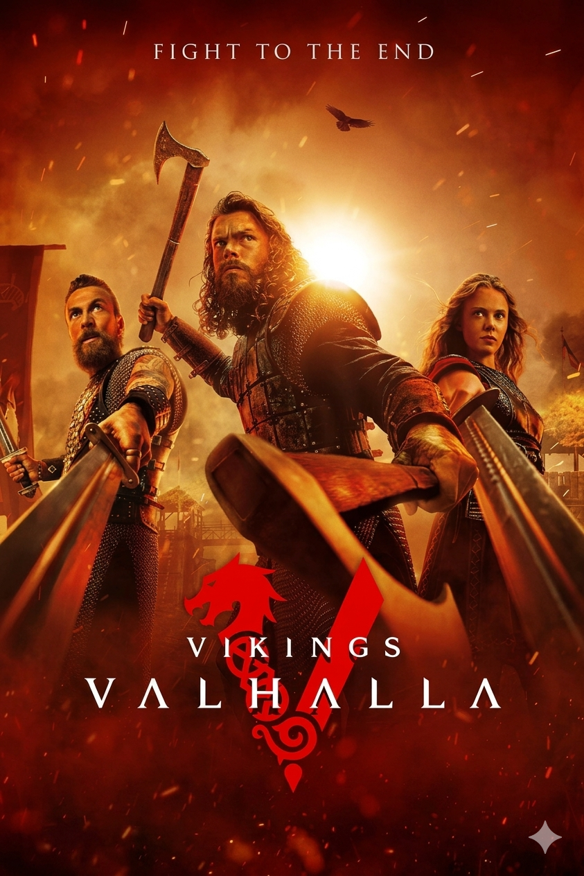 Three armored warriors with weapons stand ready for battle under a fiery sky. The text reads Fight to the End and Vikings: Valhalla, with a red dragon emblem in the center—a scene as epic as your next adventure when you purchase IPTV.