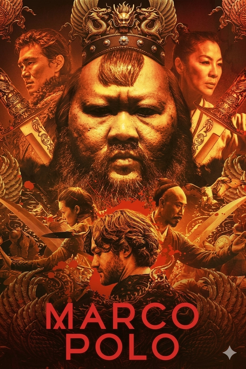 Poster for the TV series Marco Polo featuring a central kingly figure with a crown, surrounded by several warriors and characters in dramatic red and gold tones, with MARCO POLO written at the bottom. An ideal addition to any entertainment space, especially for fans looking to enhance their viewing experience—perfect for those who purchase IPTV.