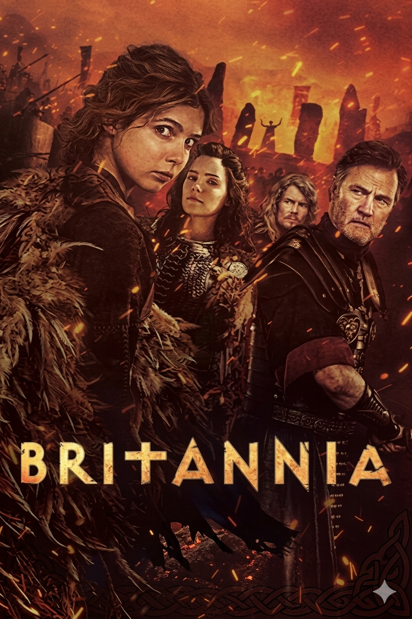 Four characters in ancient attire stand against a fiery, war-torn landscape with stone formations, evoking a sense of epic drama. The title Britannia appears boldly below them, as if inviting viewers to experience the saga firsthand—an adventure easily accessed when you purchase IPTV.