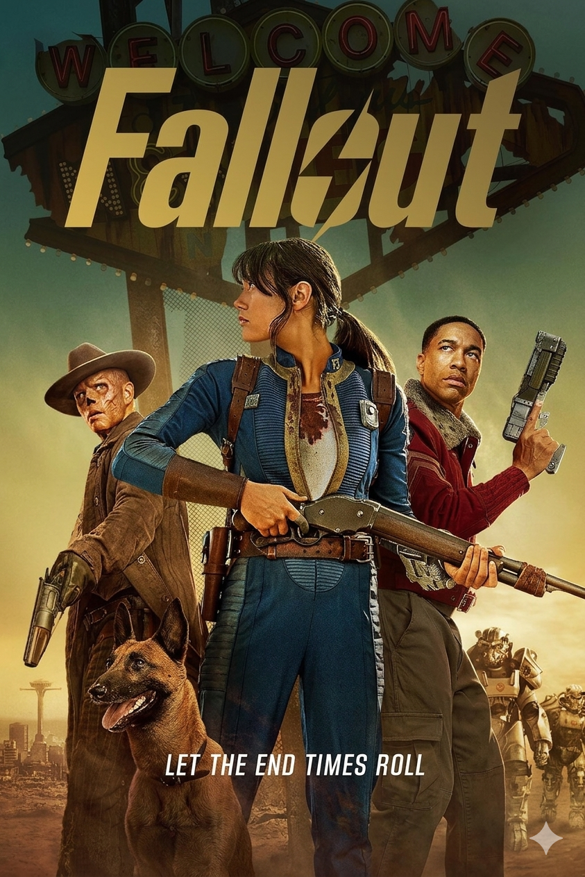 Three armed characters and a dog stand in front of a ruined Welcome sign. The word Fallout is above them. The background shows a wasteland with destroyed buildings. Text at the bottom reads, Let the end times roll—ready for adventure or trying to Purchase IPTV from the last outpost?.