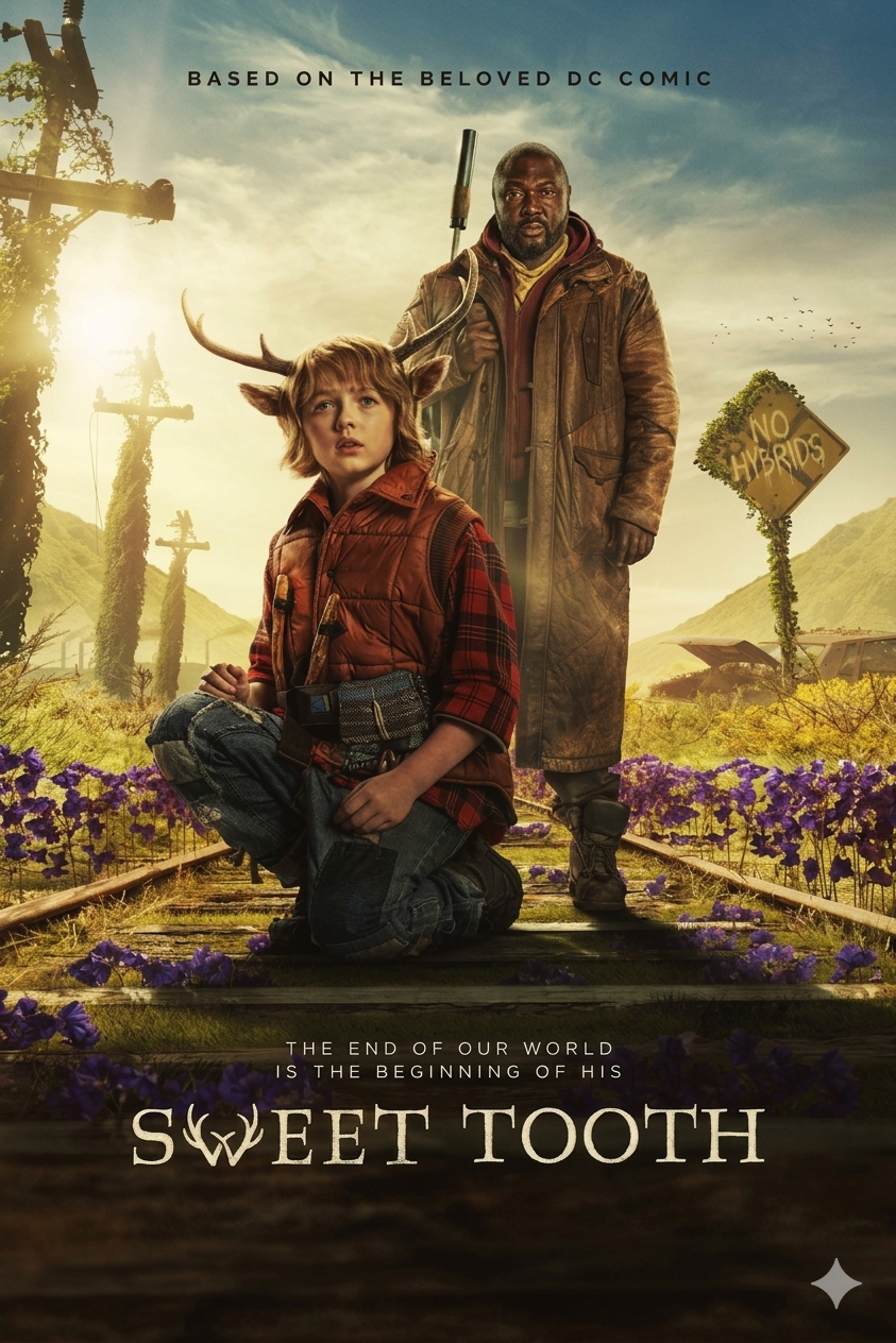A boy with antlers and an older man stand on train tracks in a rural landscape, surrounded by purple flowers. A sign reads NO HYBRIDS. The text says Sweet Tooth and The end of our world is the beginning of his—catch every episode when you purchase IPTV for uninterrupted streaming.