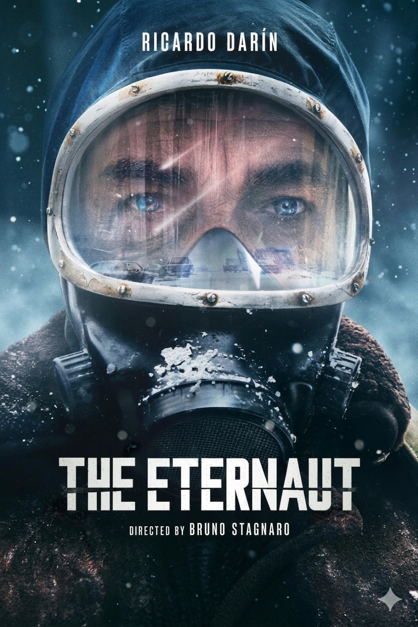 A person wearing a frosted diving mask and hood stares forward in a snowy, cold environment, evoking the suspense of isolation—almost as if searching for a signal to Purchase IPTV. Text above reads Ricardo Darín. Large text below says The Eternaut, with Directed by Bruno Stagnaro underneath.
