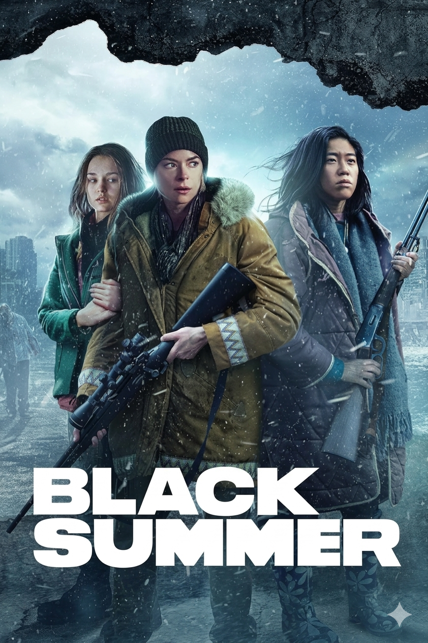 Three serious-looking women in winter clothes, holding rifles, stand in a snowy, post-apocalyptic cityscape. The bold white title BLACK SUMMER appears at the bottom, reminiscent of chilling moments you won’t want to miss when you purchase IPTV for thrilling series streaming.