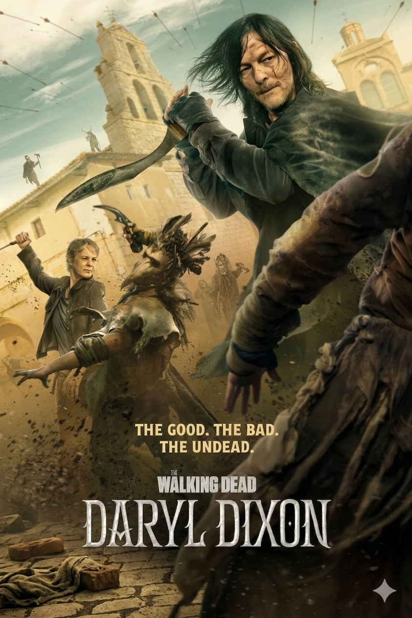 A man with long hair wields a weapon, fighting zombies in a chaotic, old European town. Another person battles nearby. Text reads: The good. The bad. The undead. Stream every gripping moment of The Walking Dead: Daryl Dixon when you purchase IPTV.