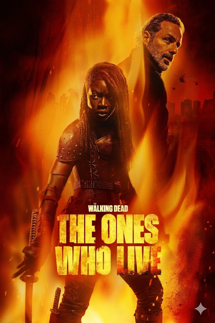 Two characters stand back to back surrounded by flames. One holds a katana, the other looks over his shoulder. Text reads: The Walking Dead: The Ones Who Live. Helicopters and a cityscape are in the background, hinting at dramatic new chapters you won’t want to miss—stream every fiery moment when you purchase IPTV for nonstop access.